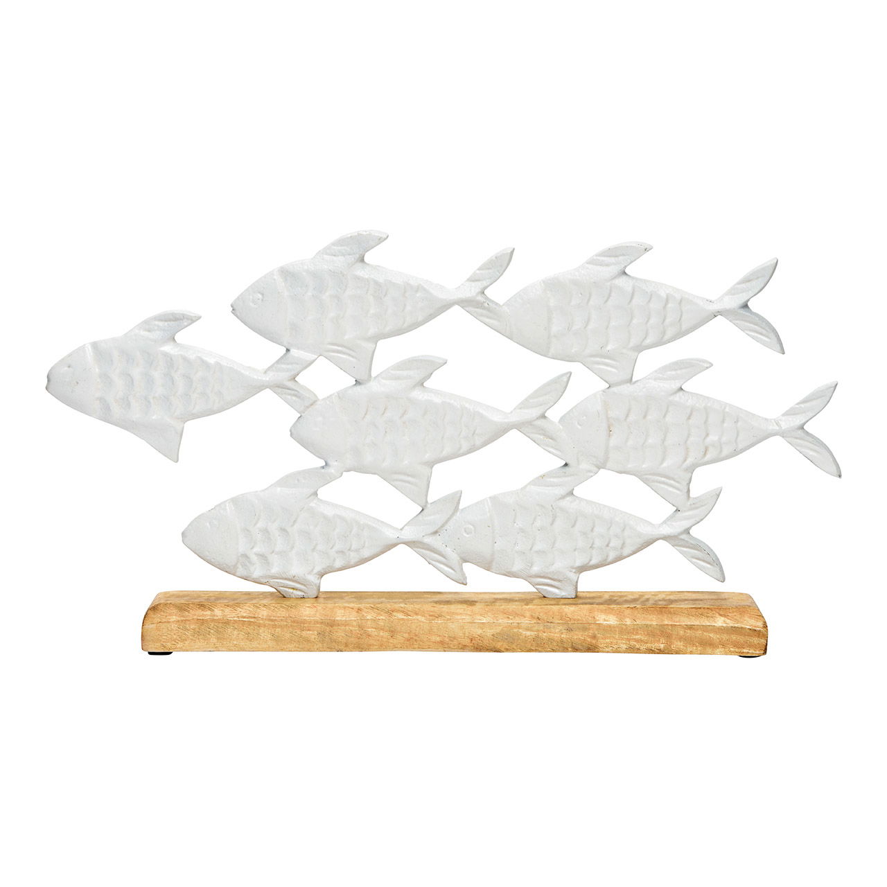 Fish school stand on mango wood base, made of white metal (W/H/D) 38x21x5cm