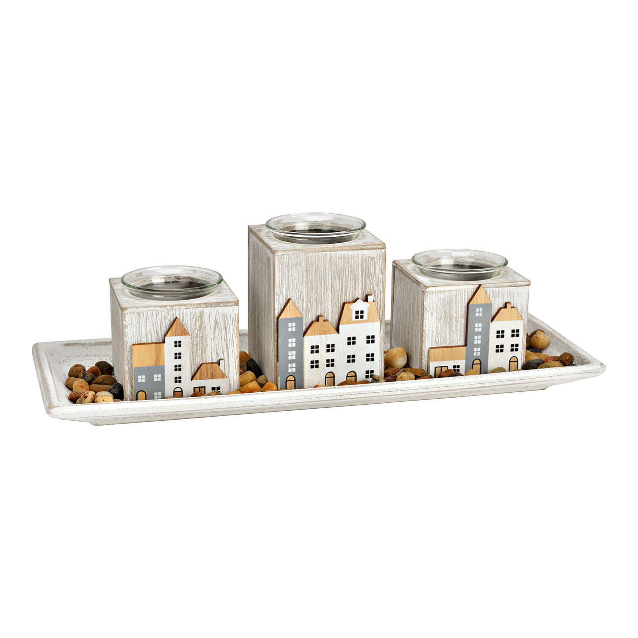 Portacandele, set di 3 case di città, con 120 g di pietre decorative in legno/vetro, bianco/grigio (L/H/D) 34x11x13cm