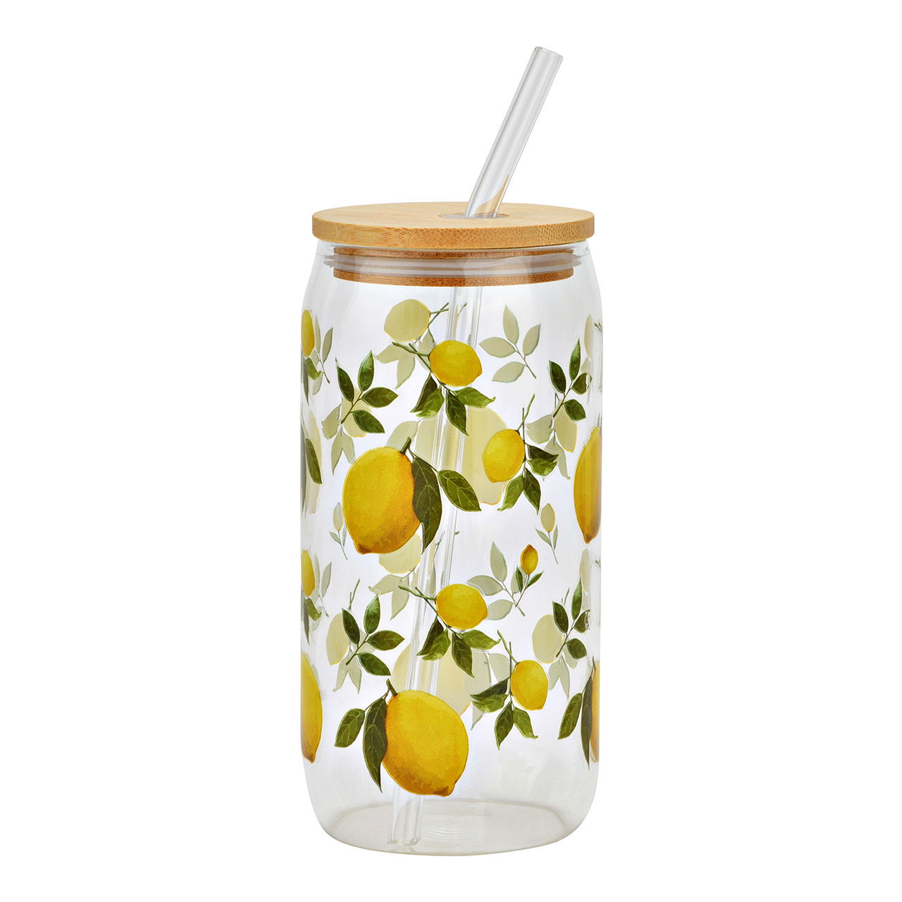 Lemon drinking glass with bamboo lid and glass straw, yellow (W/H/D) 8x15x8cm