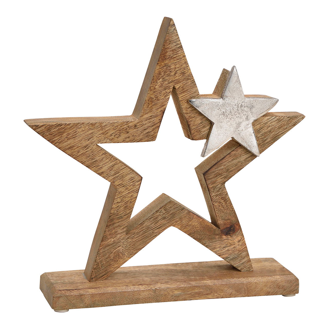 Star with metal star dekor, mango wood, brown, 24x24x6cm