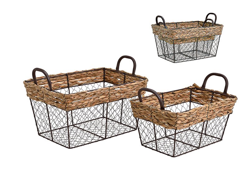 Basket set, metall, corn leaves, weave, brown, set of 2 (b/h/t) 38x25x26cm