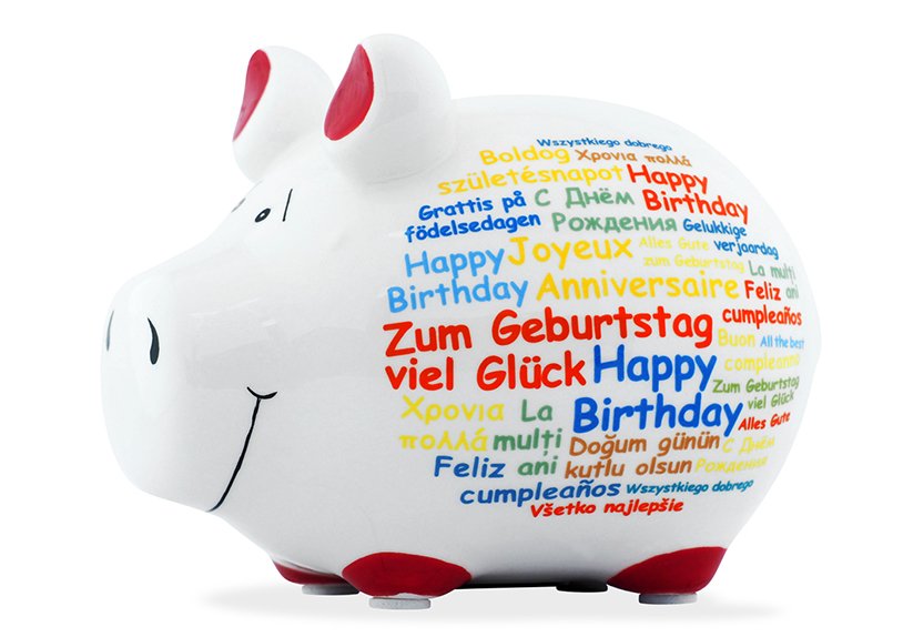 Spaarpot KCG klein varken, Happy Birthday, Internationaal, gemaakt van keramiek, Art. 101595 (B/H/D) 12,5x9x9 cm