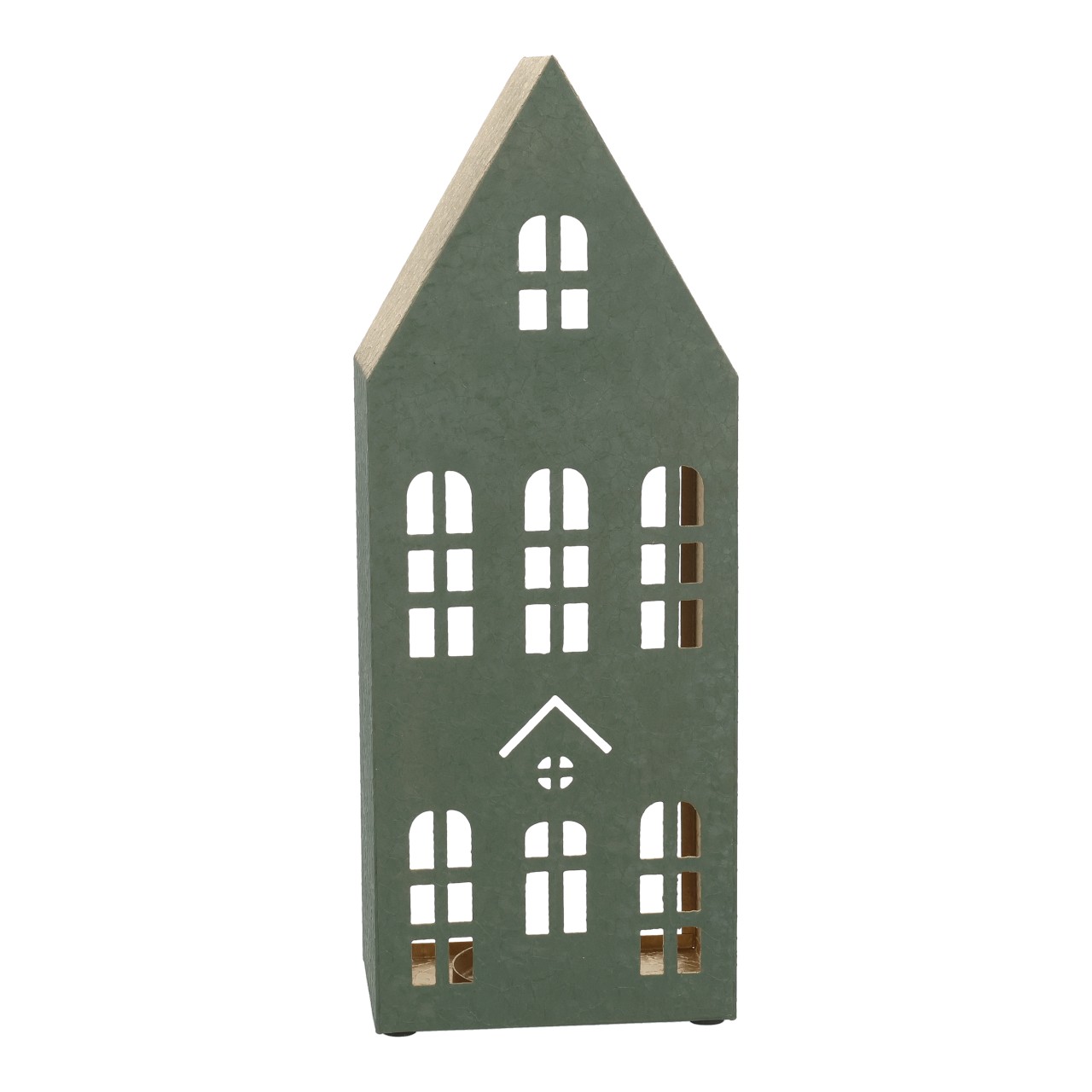 Lysestage i form af et hus, af metal, grøn (B/H/D) 15x41x10 cm Dekohaus, Holzhaus, Grün, Fenster, Miniaturhaus