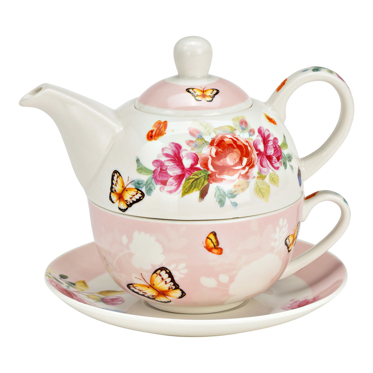 Teapot set roses, butterfly decor set of 3, made of porcelain colorful (W/H/D) 15x16x15cm 400ml/250ml