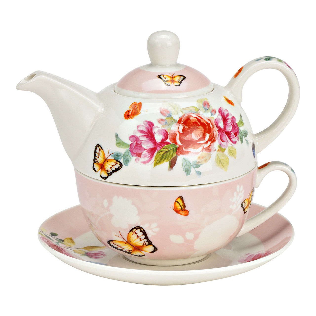 Teekannen Set Rosen, Schmetterling Dekor 3-er Set, aus Porzellan bunt (B/H/T) 15x16x15cm 400ml/250ml Teekannen Set Rosen, Schmetterling Dekor 3-er Set, aus Porzellan bunt (B/H/T) 15x16x15cm 400ml/250ml