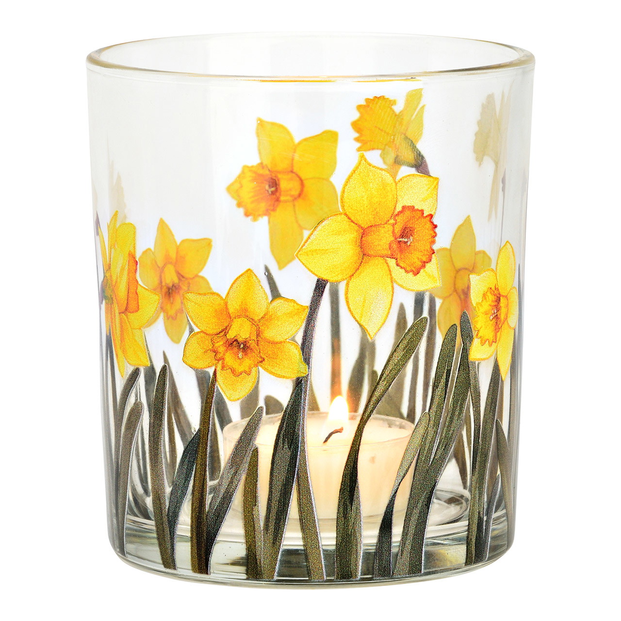 Glas-Teelichthalter, Transparentes Glas, Narzissenmotiv, Gelbe Blumen, Grüne Blätter