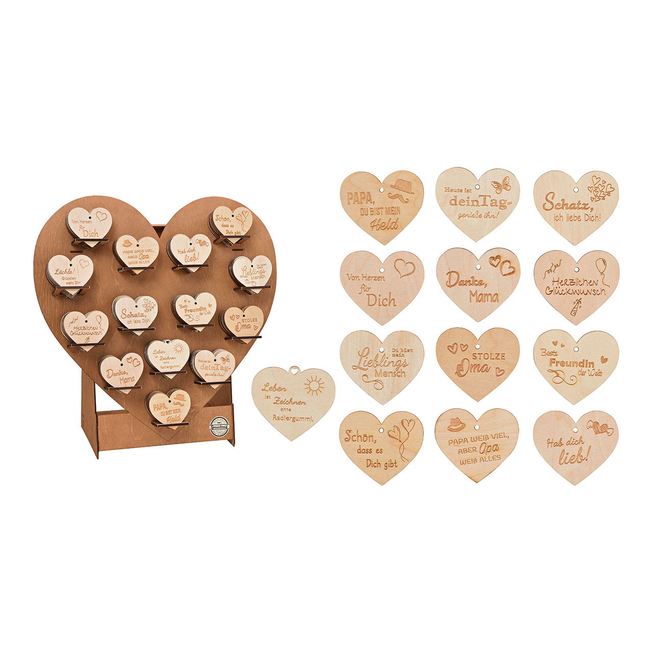 Houten harten 8x7cm Top 14 Deluxe 8cm, naturel 14-voudig, 140 st. op display (w/h/d) 47x46x23cm