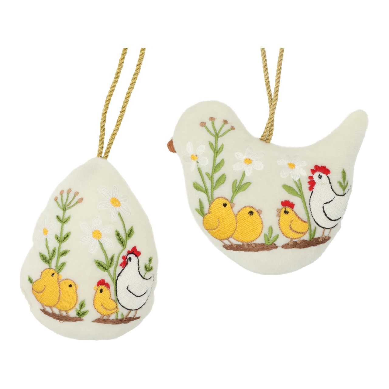 Hanger Easter egg/bird made of textile white 2 assorted (W/H/D) 13x14x4cm Hühner, Küken, Stoffanhänger, Gestickte Motive, Naturmotiv