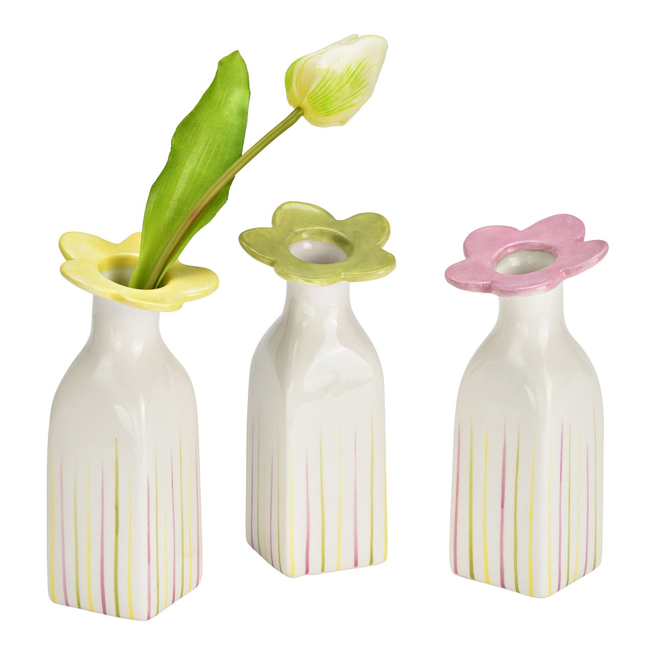 Ceramic flower vase, triple, yellow/green/pink (W/H/D) 8x18x8cm