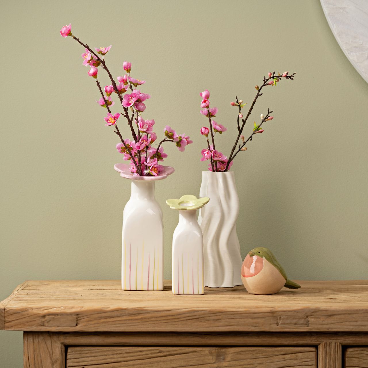 Figur Vogel aus Steingut, Grün/Beige/Rosa (B/H/T) 13x8x8cm Töpferei, Kunst, Porzellan