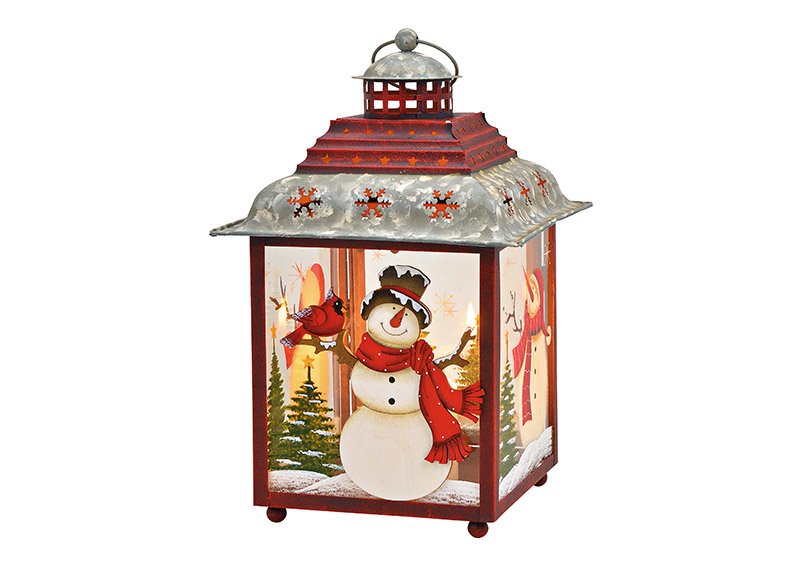 Lanterne décor Bonhomme de neige, peinte à la main en métal, verre rouge (L/H/P) 21x33x21cm