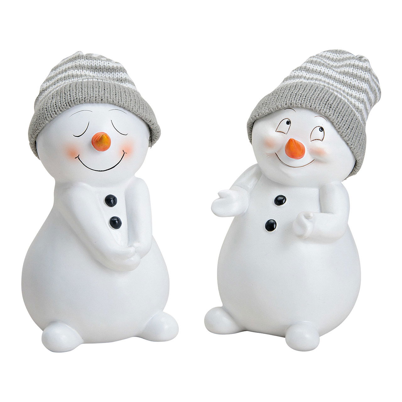 Snowman with grey white strickhat, poly white, 2 asst. (b/h/t) 12x19x12cm