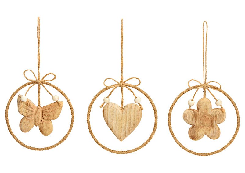Hanger bloem, hart, vlinder van paulowniahout naturel 3-voudig, (B/H) 11x11cm