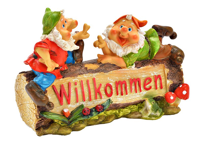 Garden gnomes on wooden trunk, Willkommen, made of poly Colorful (W/H/D) 26x19x11cm