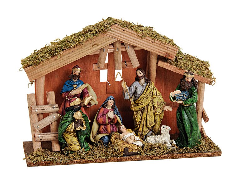 Nativity scene, polyresin/wood, (w/h/d) 30x21x10cm