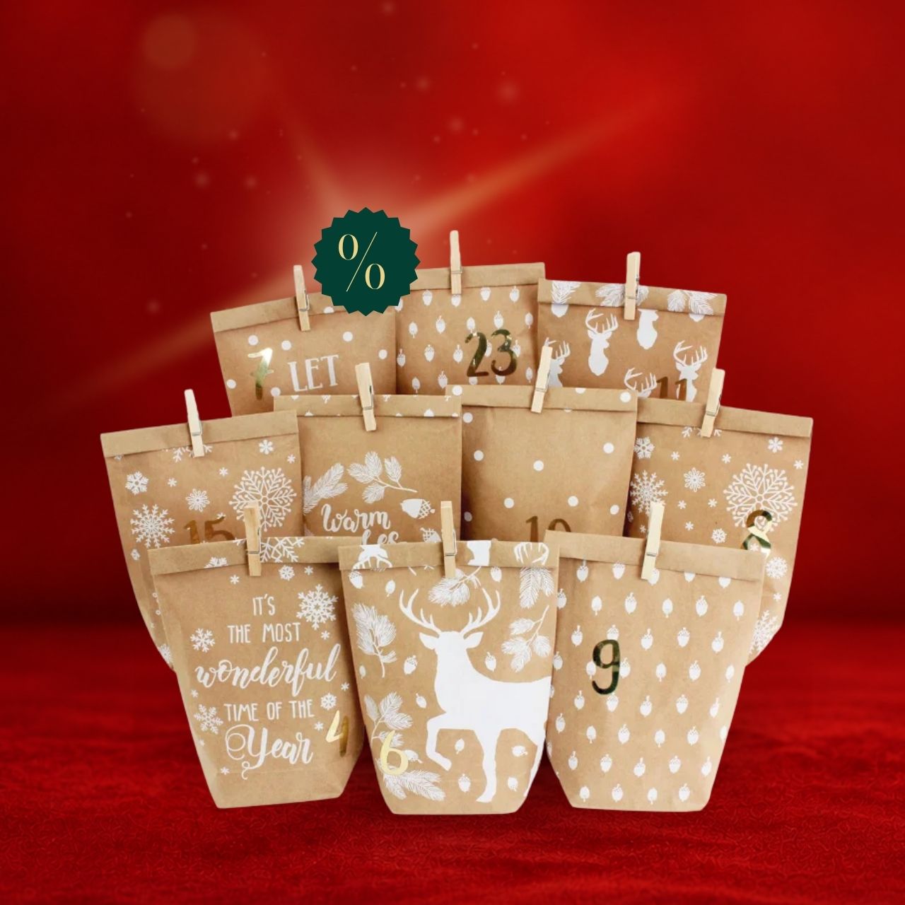 Adventskalender, Papiertüten, Kraftpapier, Weihnachtsmotive, Holzklammern