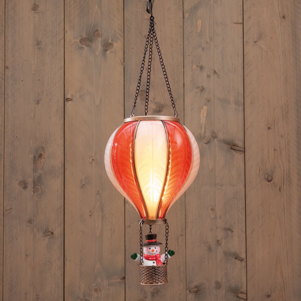 Luftballon Schneemann mit Flammeneffekt 24LED 20x35cm Rot/Weiß exkl. 2xAA IP44/Timer hängende Lampe, Glaslampe, Orangelampe, Heißluftballonlampe, Schneemann Dekoration