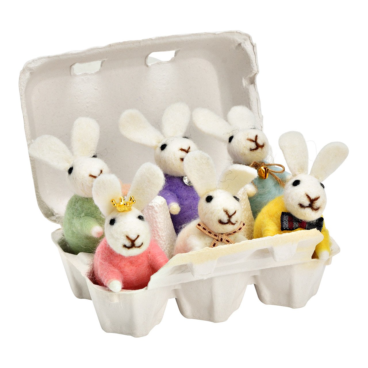 Figura de conejo de fieltro/plástico 6 pliegues, blanco/rosa/amarillo/verde/azul/morado (A/A/A) 5x8x5cm Envase de cartón para huevos