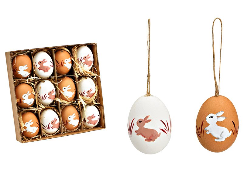 Easter eggs set 4x6x4cm bunny decor 12-piece set, made of natural material white, red (W/H/D) 19x5x19cm