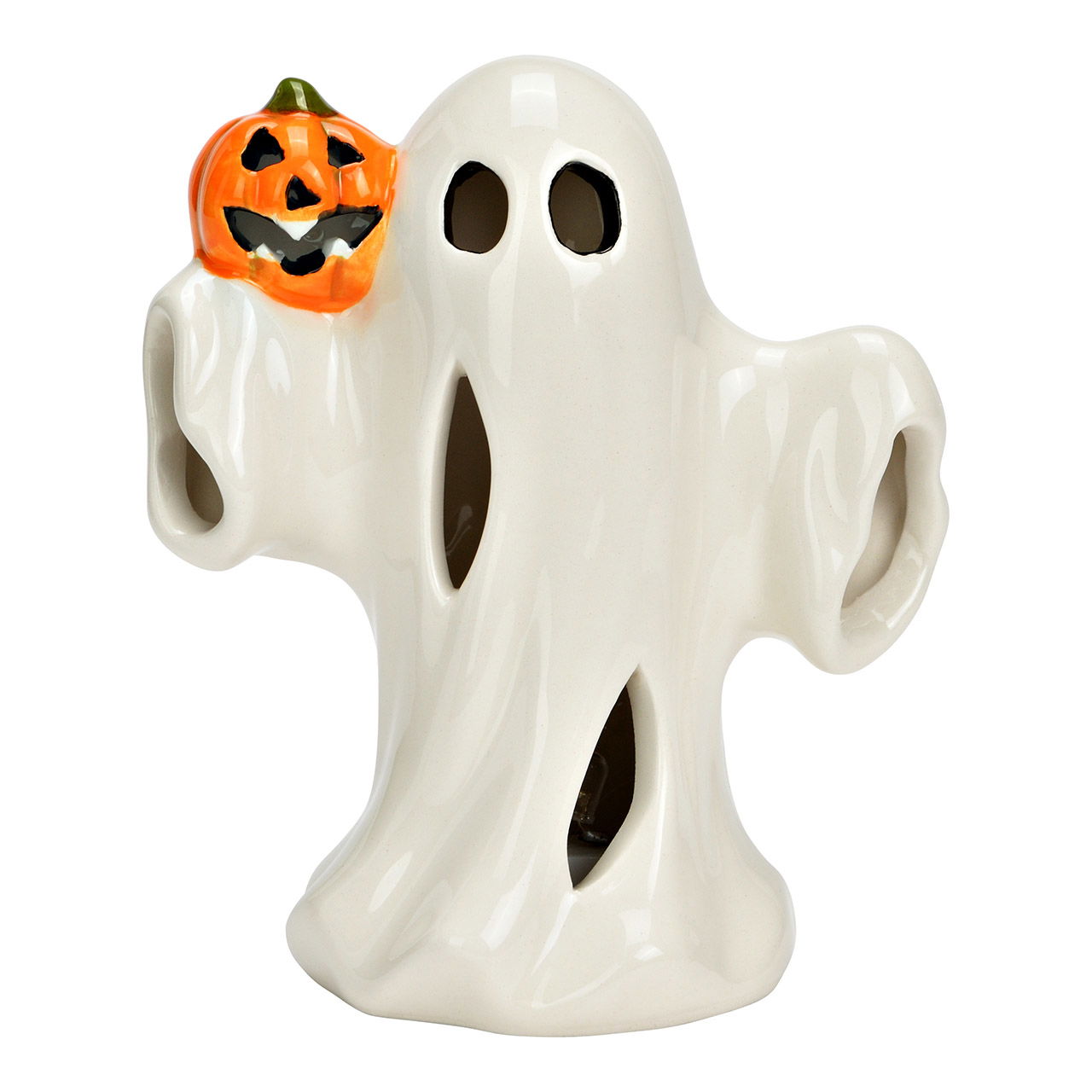 Figura fantasma con calabaza con LED de cerámica, blanca/naranja (A/A/A) 10x12x6cm Funcionamiento con pilas 2xLR44 no incluidas
 