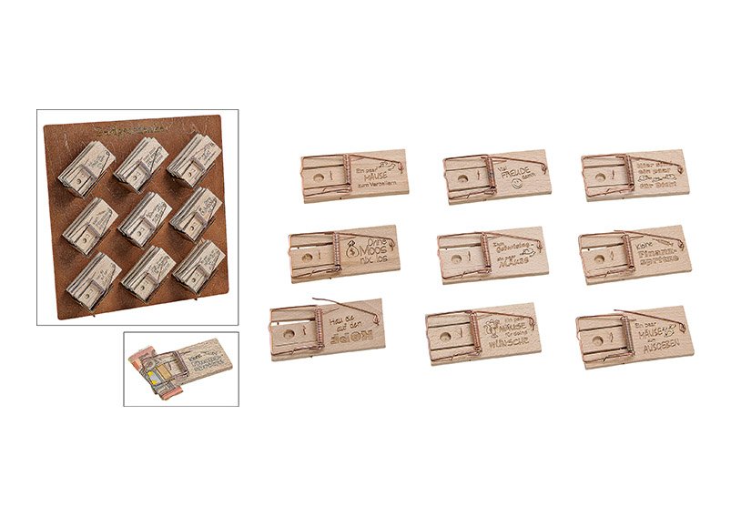 Wooden display, gift item, mousetrap, 27 pcs on the display, 9 asst. 5x10x2cm