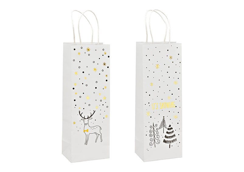 Bottle bag, It`s snowing, deer, made of paper/cardboard white 2-fold, (W/H/D) 12x35x9cm