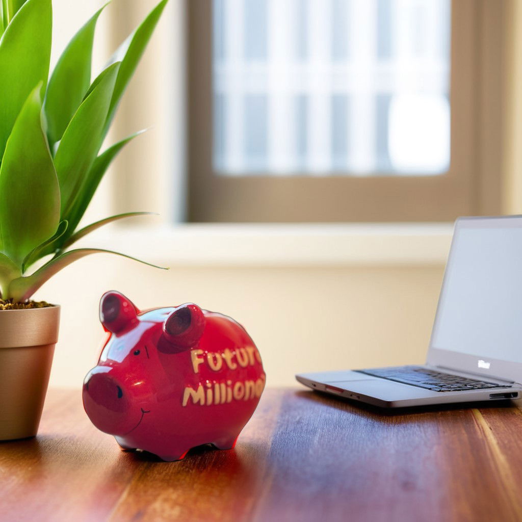 KCG Sparschwein "Future Millionaire" aus Keramik, Rot/Weiß (B/H/T) 12,5x9x9 cm Kleinschwein Laptop, PC, Pflanze, Pflanze im Topf, Überwachen