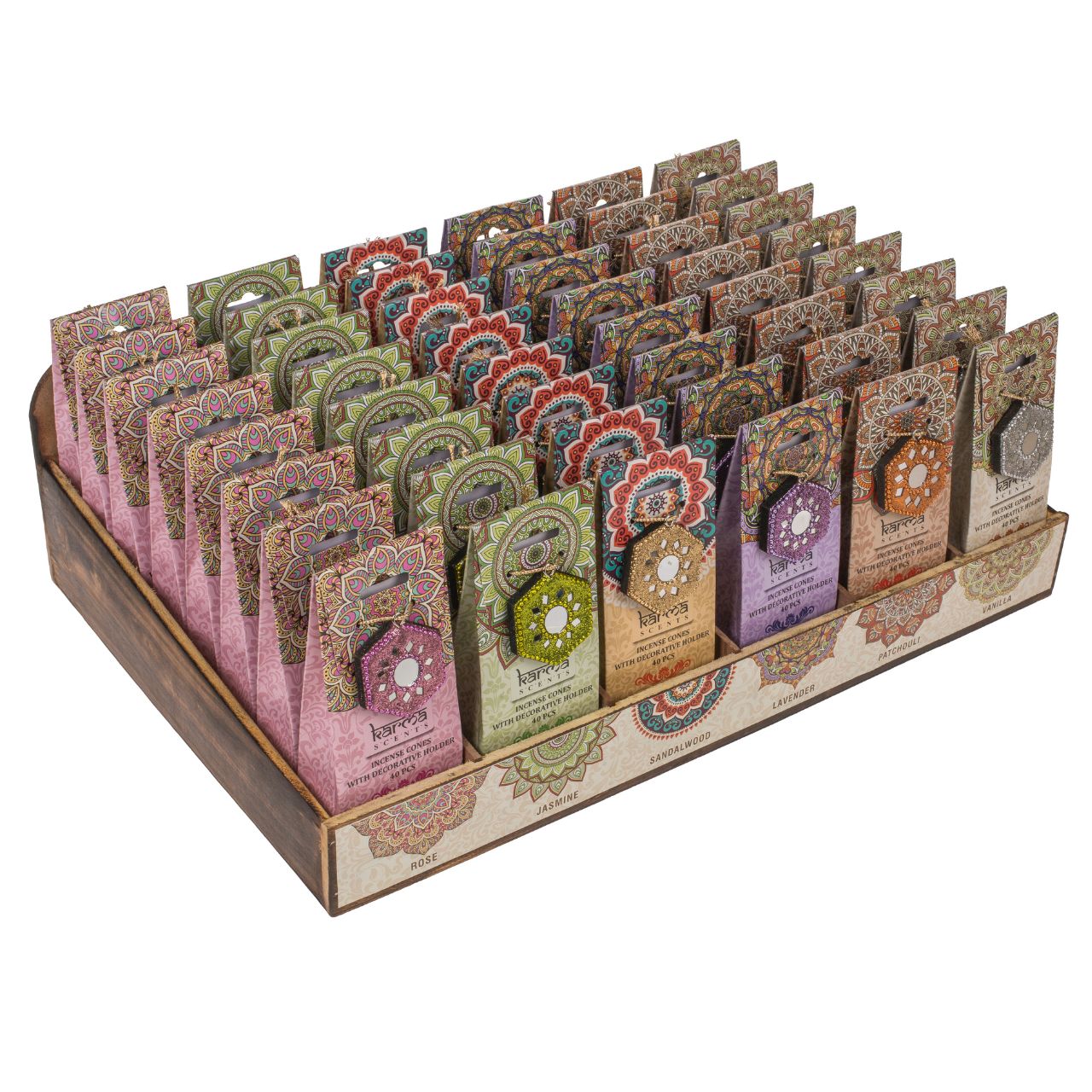 Räucherkegel, Karma, mit Deko-Halter, 6-fach sortiert, 40 Stück im Set, 48 Stück im Display duftbeleuchtung?