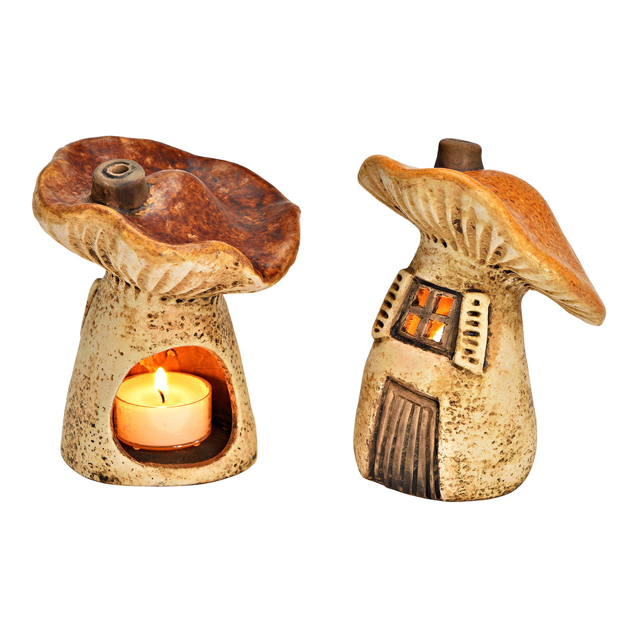 Windlicht Pilz Haus aus Steingut, 2-fach, Braun (B/H/T) 10x13x10cm