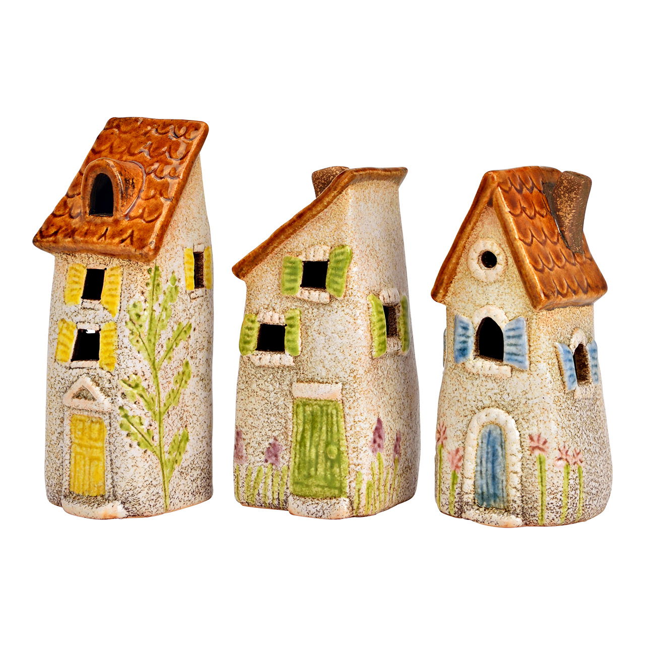 LED Lichthaus Blumen Dekor aus Steingut, 3-fach, Natur (B/H/T) 6x13x5cm (exkl. 2xLR44)