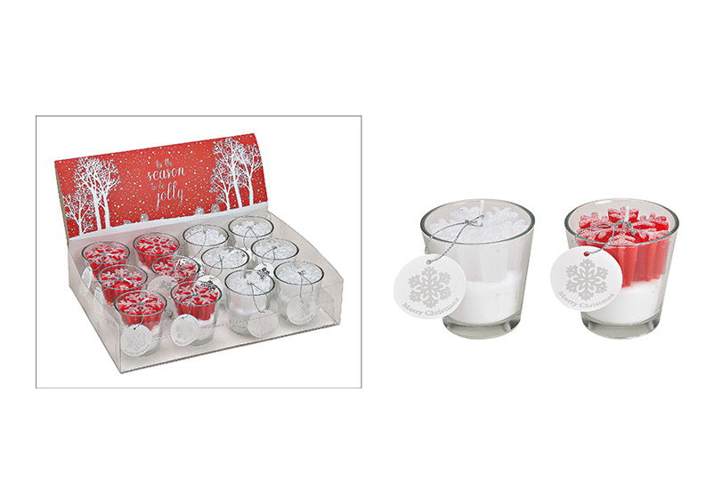 Windlicht Schneeflocke mit Glitter mit Wachs aus Glas Weiß, rot 2-fach, (B/H/T) 6x6x6cm