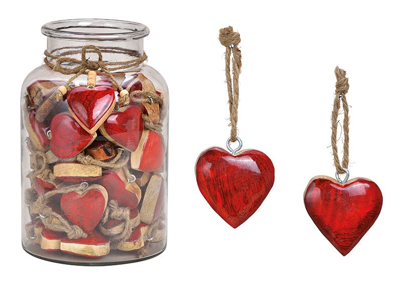 Hanger heart mango wood red, 5x5x2cm, 60 stk. in a glass 16x25x16cm