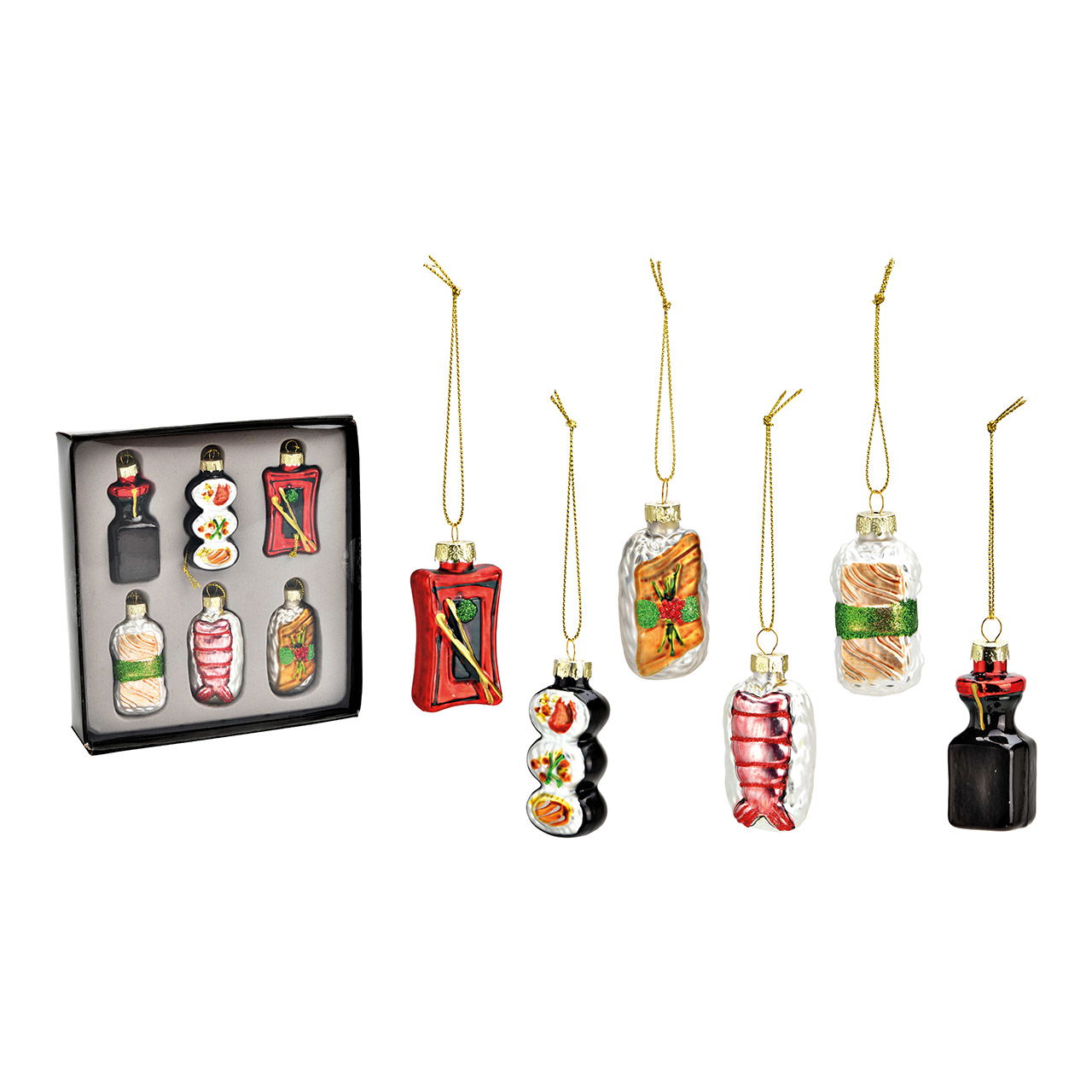 Set di appendini natalizi, sushi, 3x6x2cm, set di 6, in vetro colorato (L/H/D) 16x3x15cm