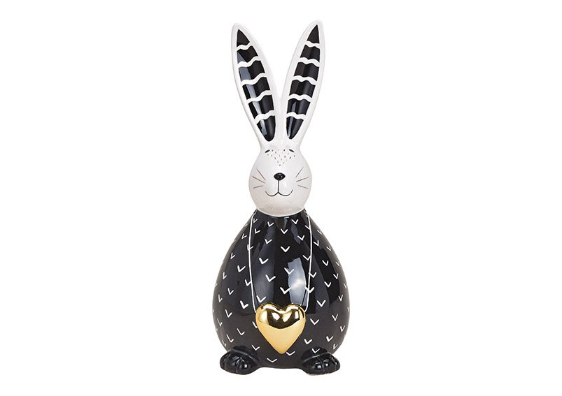 Conejo con colgante de corazón, cerámica negra, blanca (c/h/d) 13x33x15cm