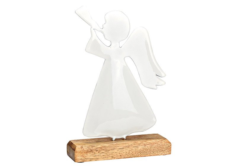 Engel auf Mangoholz Sockel aus Metall weiß (B/H/T) 15x23x5cm