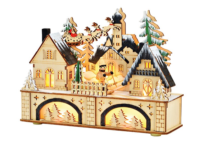 Winter scene with LED, battery operation 2xAA not included, double function battery box with timer, made of wood colorful (W/H/D) 25x18x8cm