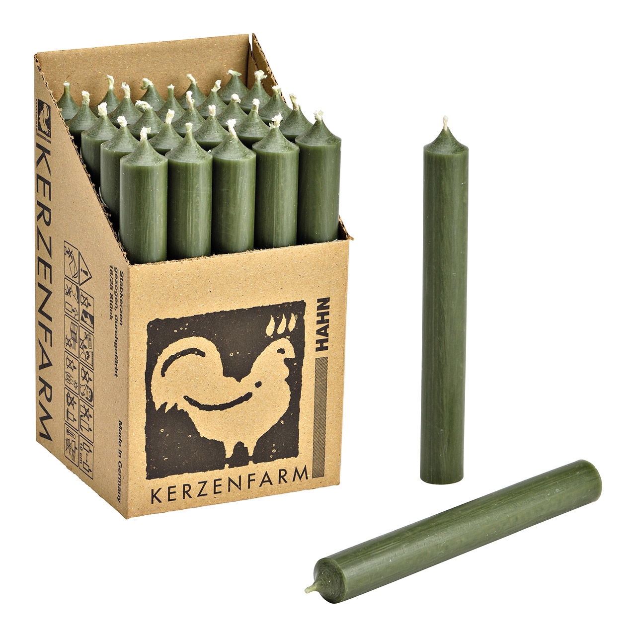 Stick candle pine green colored Ø 2x18 cm Burning time approx. 8 hours Kiste