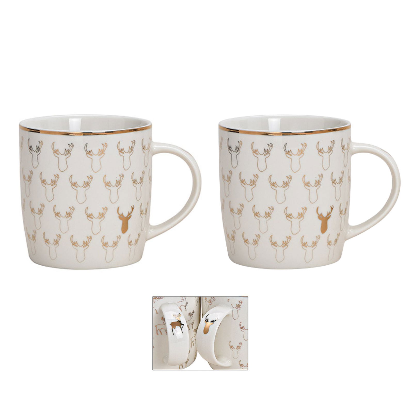 Mug deer decor made of porcelain white, gold 2-fold, (W/H/D) 12x9x9cm 340ml Pokal, Kunst, Porzellan, Töpferei, Pokal, Kunst, Porzellan, Töpferei