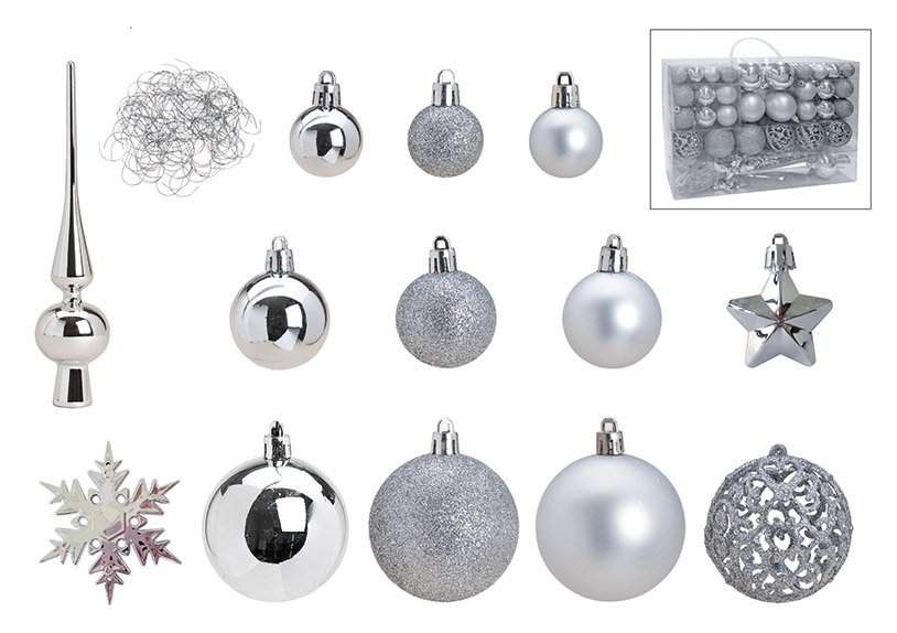 Weihnachtskugel-Set aus Kunststoff Silber 111er Set, (B/H/T) 36x23x12cm Ø 3/4/6 cm