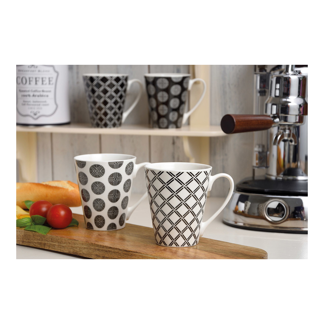 Becher schwarz Retro aus Porzellan, 4-fach sortiert, 10 cm, 350 ml Kaffeebecher, Becher, Muster, Geometrisch, Küche