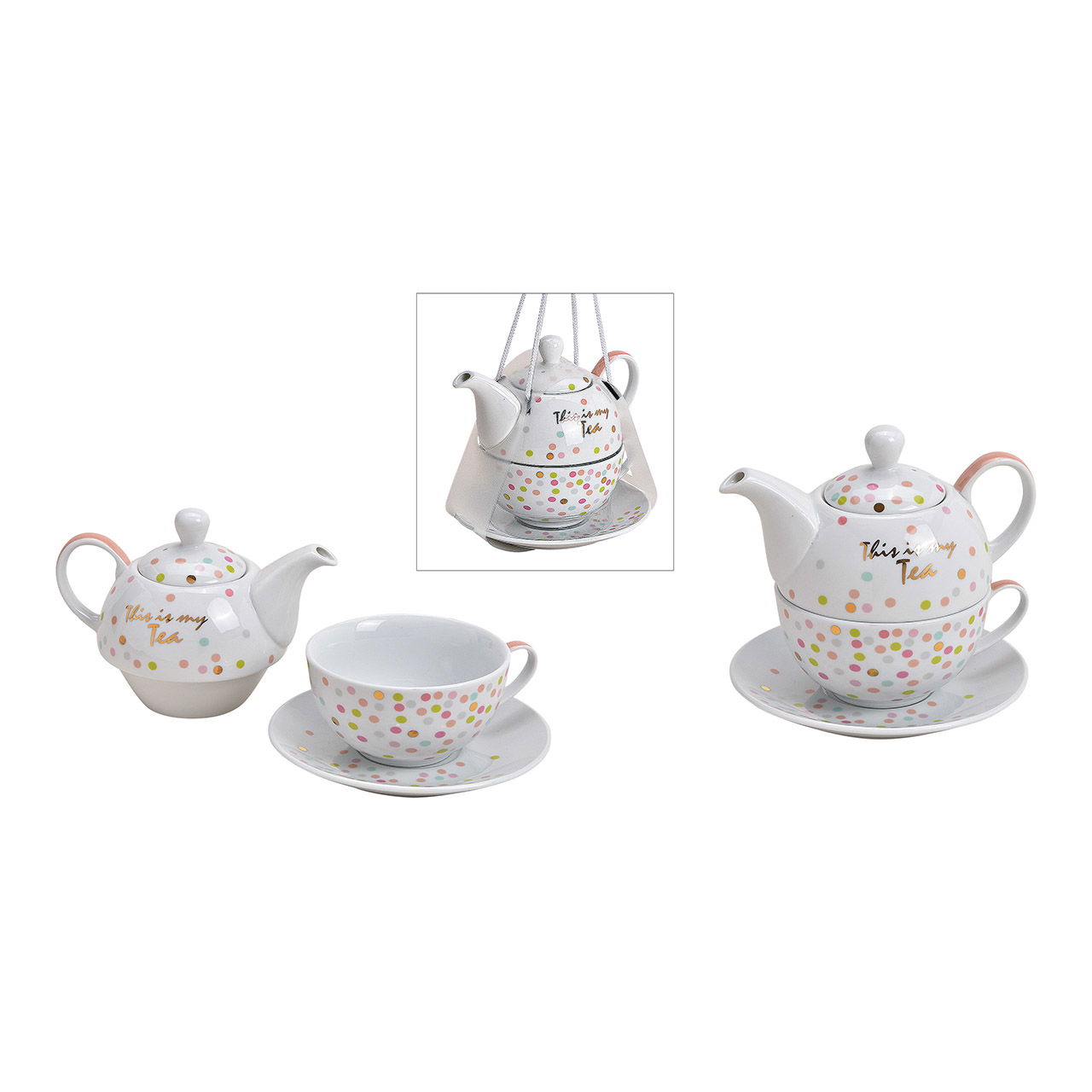 Set de théières This is my tea, décoration à points, en porcelaine blanche, set de 3, (L/H/P) 15x16x15cm 400ml, 250ml