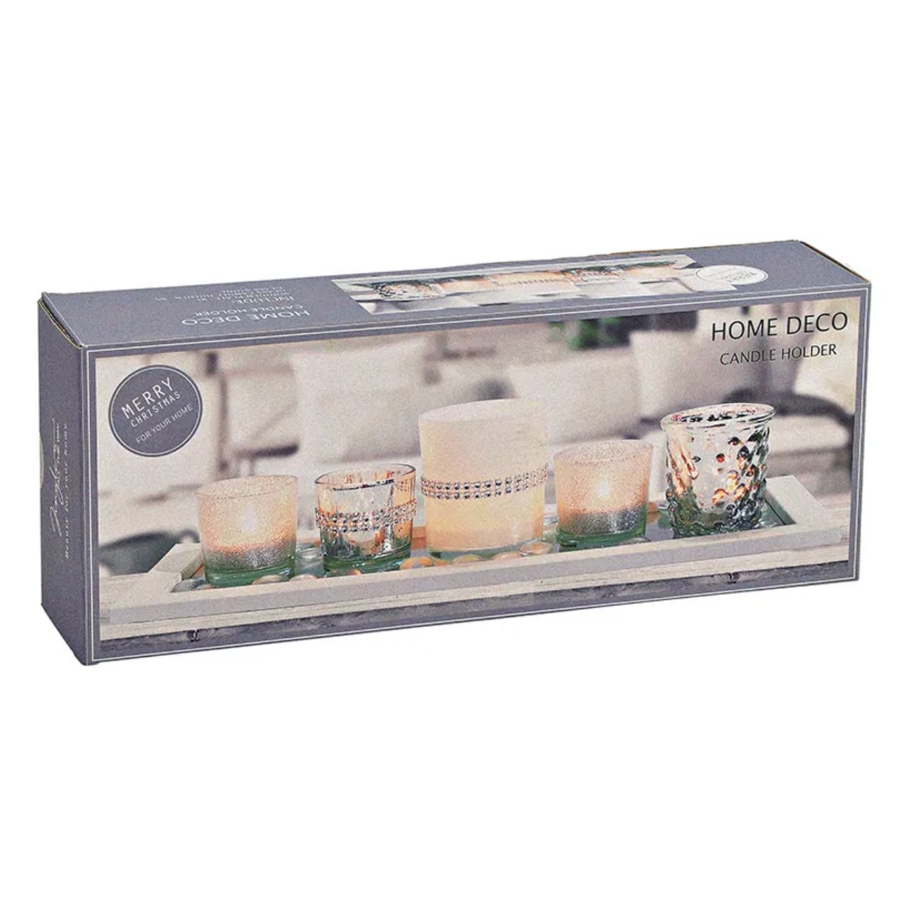 Lantern set, 5 lanterns, on wood, mirror tablet, with glass decor beads made of glass silver set of 7, (W/H/D) 37x10x14cm Pokal