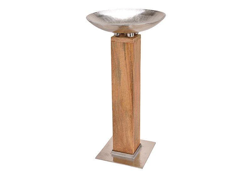 Colonne en bois de manguier avec coupelle en aluminium/métal brun/argent (L/H/P) 50x90x50cm