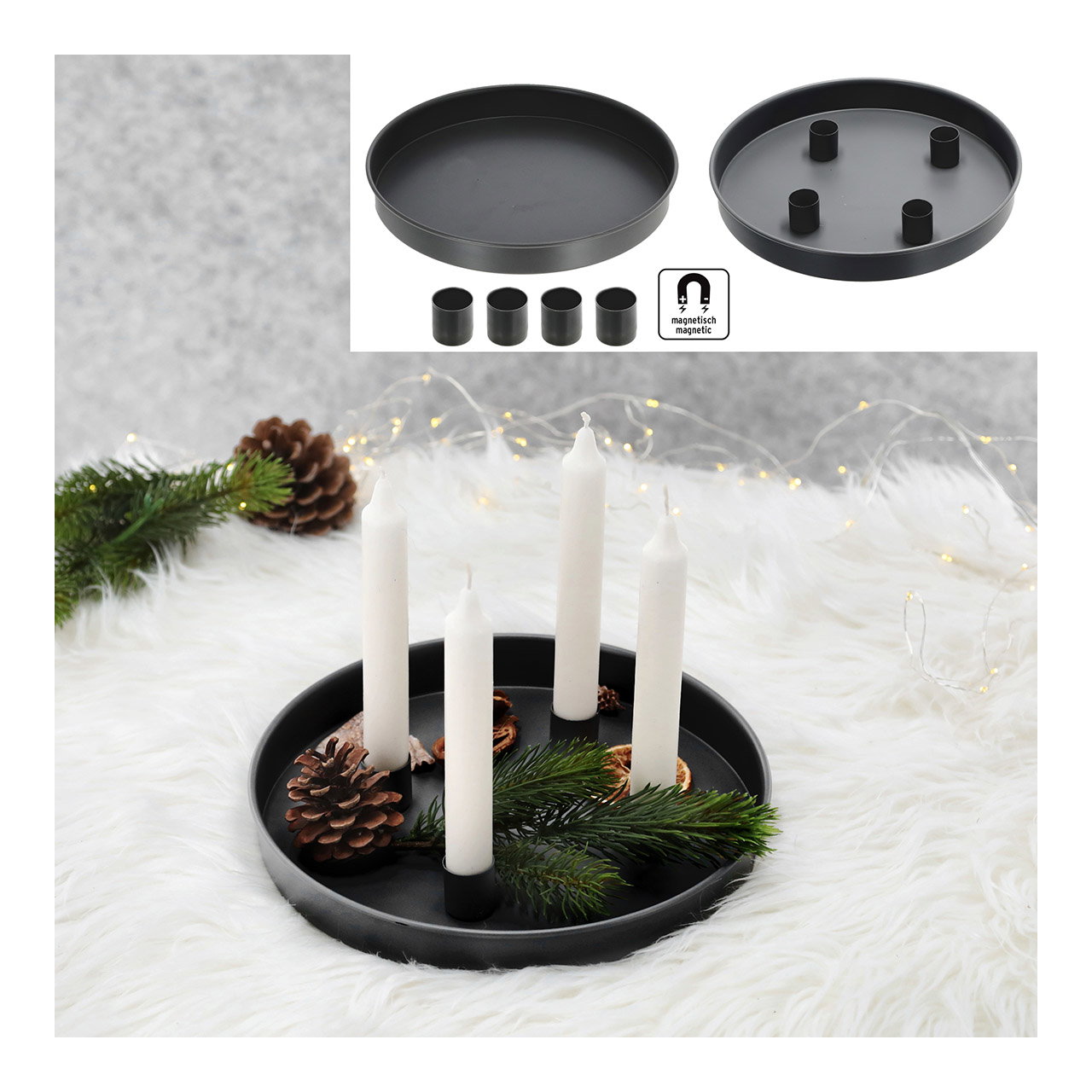 Adventskranz, Kerzenhalter aus Metall mit Magneten, Schwarz (B/H/T) 25x3x25cm geeignet für Stabkerzen bis 2,3cm Adventskranz, Kerzenhalter aus Metall mit Magneten, Schwarz (B/H/T) 25x3x25cm geeignet für Stabkerzen bis 2,3cm