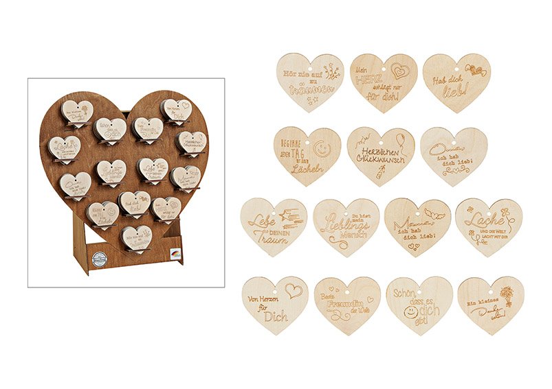 Heartdisplay, wood, with hearts, modern designs, nature colour, 14 assorted (w/h) 8x8cm