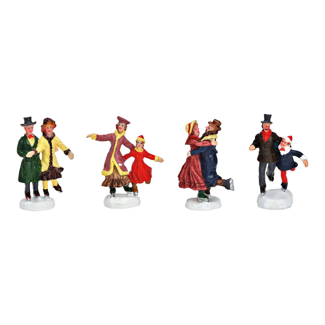 Miniatuurfiguren schaatsers van poly gekleurd 4-voudig, (B/H/D) 5x6x2cm 3x6x3cm