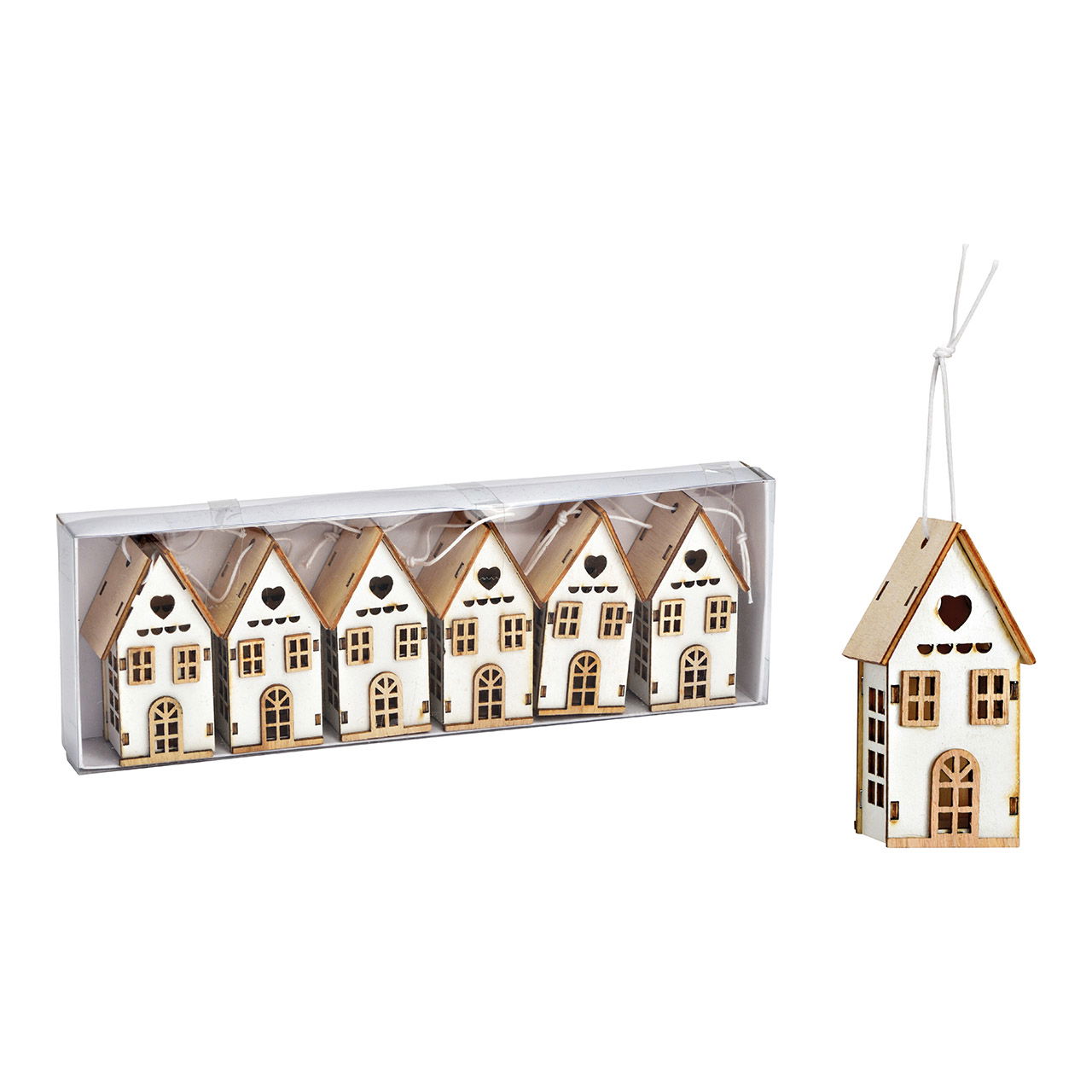 Suspension maison set de 6, en bois blanc (L/H/P) 4x7x3cm