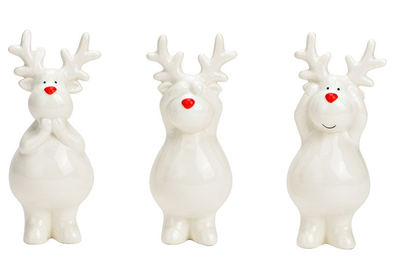 Deer with red nose made of white ceramic 3-fold, (W/H/D) 6x14x6cm