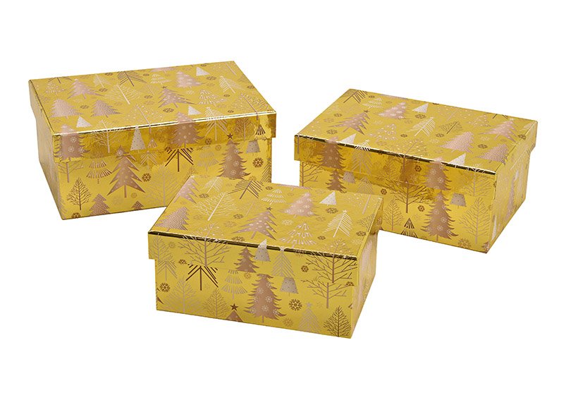 Set de boîtes cadeaux décor sapin en papier/carton or Set de 3, (L/H/P) 21x8x14cm, 19x8x13cm, 17x7x11cm