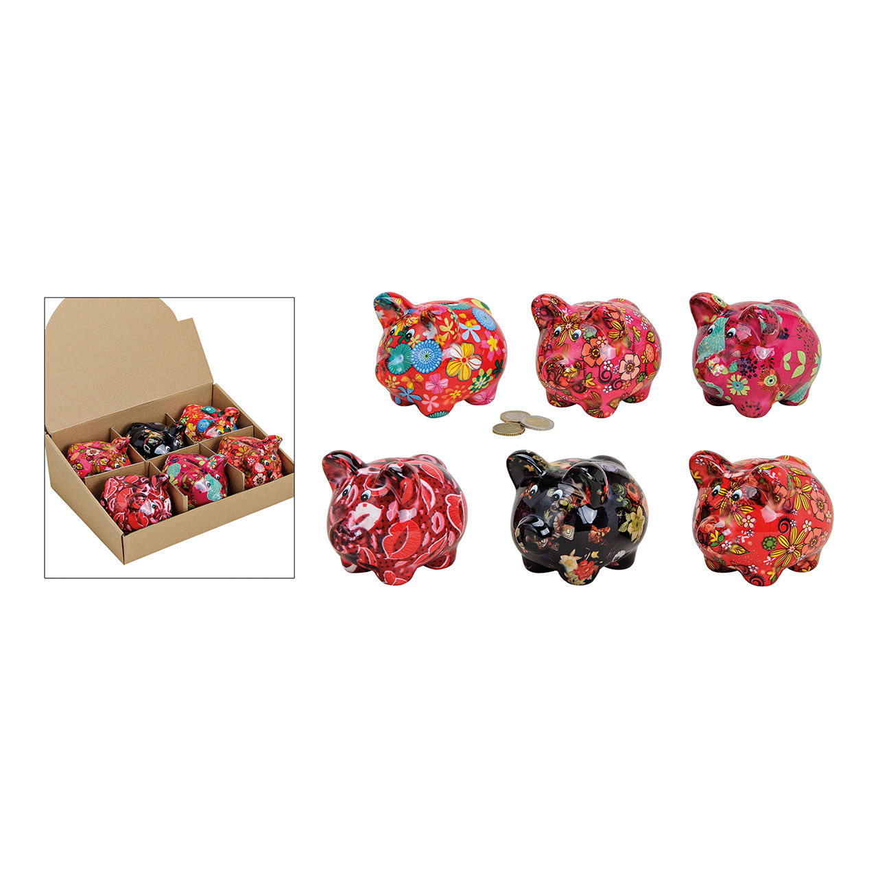 Hucha cerdito, flores de cerámica, 6 surtidas, An11 x Pr9 x Al9 cm Hucha cerdito, flores de cerámica, 6 surtidas, An11 x Pr9 x Al9 cm